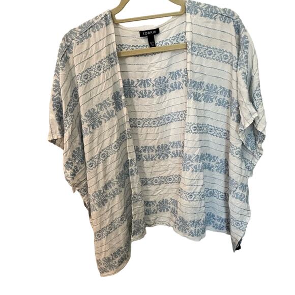 Torrid Plus Size 0/1 Embroidered Kimono Open Front White/Baby Blue Top - Picture 1 of 12
